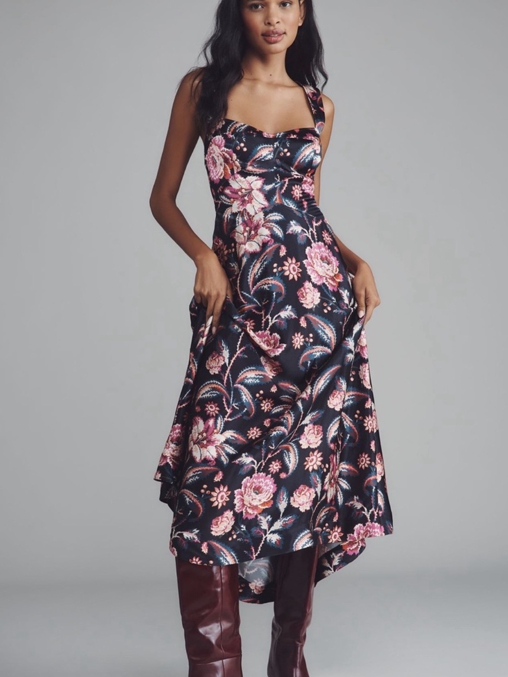 Nwt Floral Square-Neck Midi Dress in Black and Pink